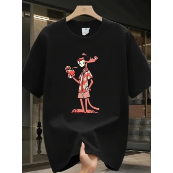 Pembe Panter Baskılı   Oversize Günlük Kısa Kollu Tişört- Siyah -