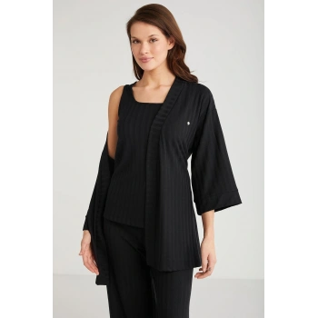 Penye Mood 3lü Kısa Kol Sabahlık Pijama Takımı