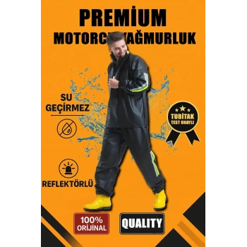 Premium Motorcu Kurye Yağmurluk Takım Su Geçirmez PVC Kumaş Reflektörlü TÜBİTAK Onaylı - Siyah