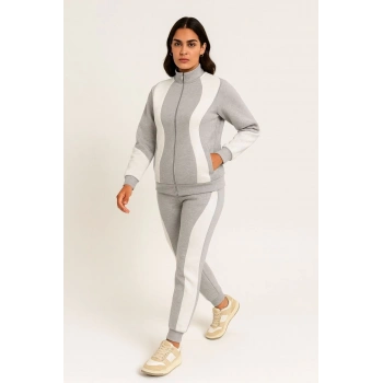 Premium Parçalı Eşofman Takım - Dik Yaka Fermuarlı Sweatshirt - Gri -