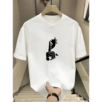 Rahat Bisiklet Yaka Tişört, Yaratıcı Karikatür Baskı - Yumuşak Polyester, Her Mevsim Giyilebilir- Beyaz