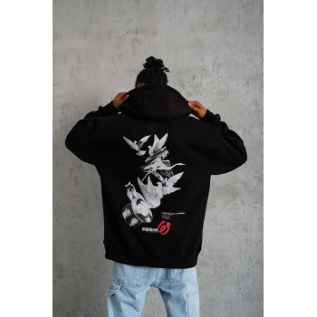 Şapkalı Güvercin Baskılı Kapşonlu Sweat - Siyah