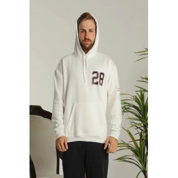 Sırt Baskılı Oversize Üç İplik Kapüşonlu Sweatshirt - Beyaz