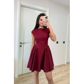 Sırt dekolteli Çan Detaylı Mini Elbise - Bordo -