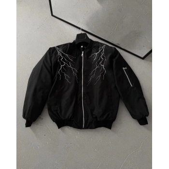 Siyah Bomber Mont – Beyaz Şimşek Desenli -