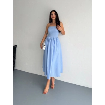 Straplez Pileli Elbise - Açık Mavi -