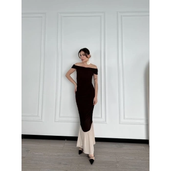 Striptiz Omuzlu Uzun Elbise- Kahve -