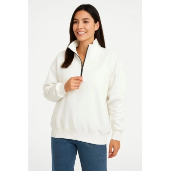 Üç İplik Dık Yaka Yarım Fermuarlı SweatShirt - Beyaz -