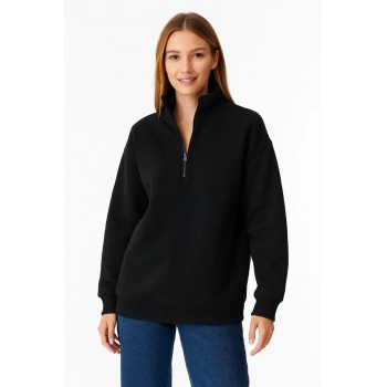 Üç İplik Dık Yaka Yarım Fermuarlı SweatShirt - Siyah -