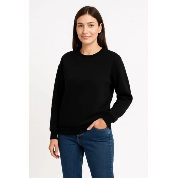 Üç İplik Düz Bisiklet Yaka SweatShirt - Siyah -