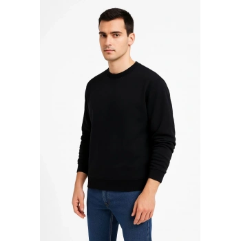 Üç İplik Düz Bisiklet Yaka SweatShirt - Siyah -