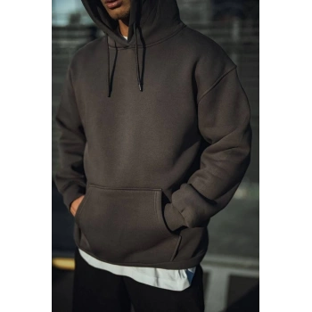 Üç İplik Penye Kapşonlu Basic SweatShirt - Füme -