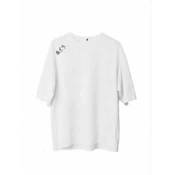 Unisex Bisiklet Yaka Baskılı Oversize T-Shirt - Beyaz