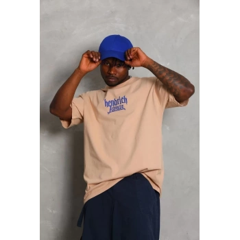 Unisex Oversize Baskılı Bisiklet Yaka T-Shirt - Bej