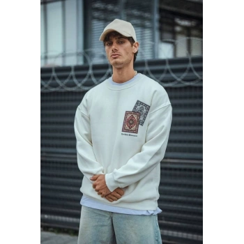 Uzun Kol Bisiklet Yaka Baskılı SweatShirt - Beyaz -