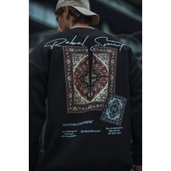 Uzun Kol Bisiklet Yaka Baskılı SweatShirt - Siyah -