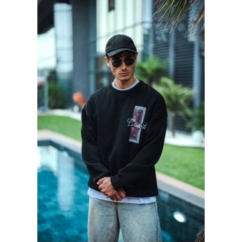 Uzun Kol Bisiklet Yaka Ön ve Arka Baskılı SweatShirt - Siyah -