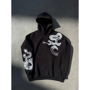 Uzun Kol Kapüşonlu Baskılı SweatShirt - Siyah -