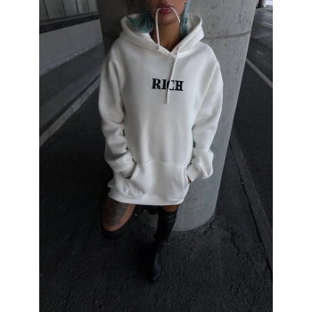 Uzun Kol Kapüşonlu Göğüs Baskılı SweatShirt - Beyaz -