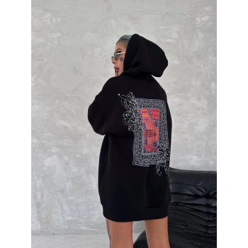 Uzun Kol Kapüşonlu Ön Ve Arka Baskılı SweatShirt - Siyah -