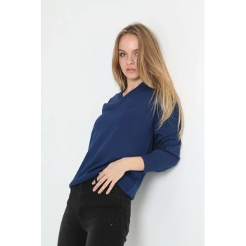 Uzun Kol V Yaka Triko Kazak - Indigo