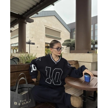 V Yaka Üç İplik Sweat Takım - Siyah -