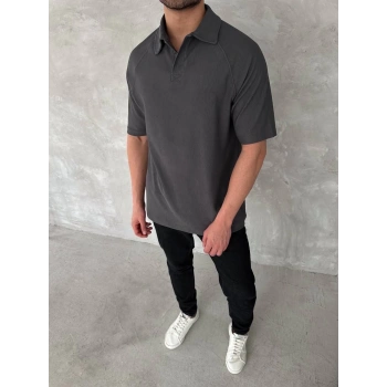 Yakalı Patlı Kısa Kol T-shirt - Antrasit -