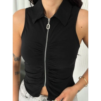 Yakalı Tam Fermuarlı Kolsuz Bluz - Siyah -