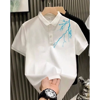 Yakası Düğmeli Oversize Baskılı T-Shirt - Beyaz -