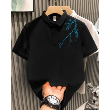 Yakası Düğmeli Oversize Baskılı T-Shirt - Siyah -