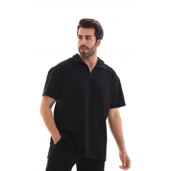 Yarım Fermuarlı Düz Oversize T-shirt - Siyah -