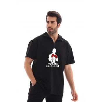 Yarım Fermuarlı Oversize Baskılı T-Shirt - Siyah -