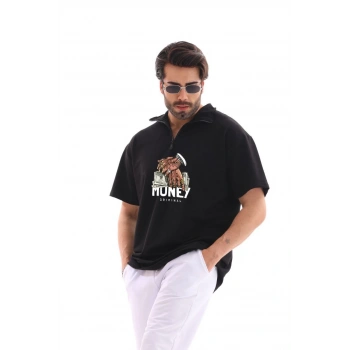 Yarım Fermuarlı Oversize Baskılı T-Shirt - Siyah -