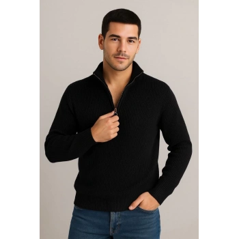 Yarım Fermuarlı Triko Kazak Siyah -