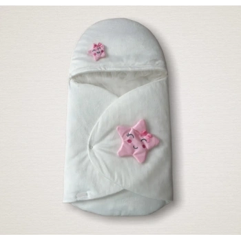 Yenidoğan Çift Yıldız Detaylı Şapkalı Duvaklı Kız Bebek Klasik Kundak Bebek Battaniyesi Ekru
