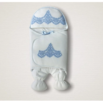 Yenidoğan Fistolu Fiyonk Kurdelalı Şapkalı Lüks Kız Erkek Bebek Ayaklı Kundak Bebek Battaniyesi Mavi