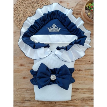 Yenidoğan Mehtap Lüks Kelebek Taç Nakışlı Bebek Battaniyesi Kundak Lacivert