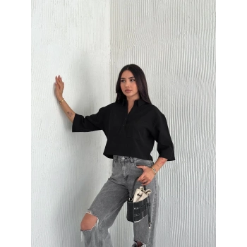 Z Krep   Crop Yakalı Gömlek İlik Düğmeli Üç Çeyrek Sleeve Kol - Siyah -