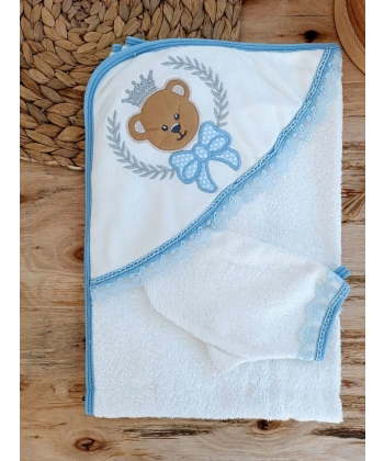0-1 Yaş Bear Nakışlı El Keseli 2li Erkek Bebek Havlu Takımı Mavi