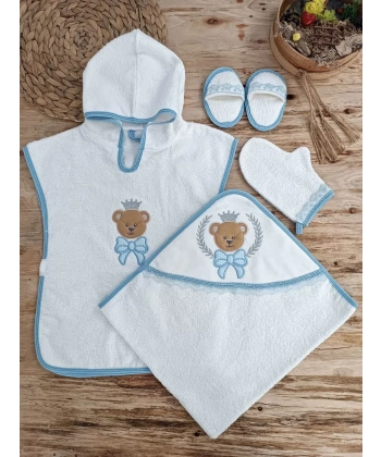 0-1 Yaş Bear Nakışlı Pareolu 4lü Erkek Bebek Havlu Silgi Takımı Mavi