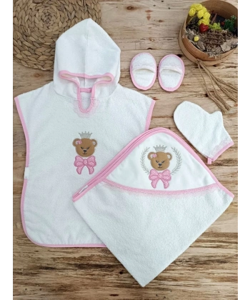 0-1 Yaş Bear Nakışlı Pareolu 4lü Kız Bebek Havlu Silgi Takımı Pembe