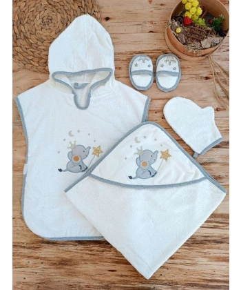 0-1 Yaş Sevimli Fil Nakışlı Pareolu 4lü Kız Erkek Bebek Havlu Silgi Takımı Ekru