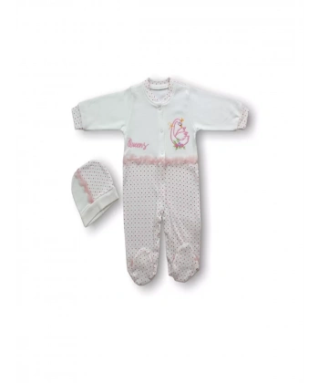 0-3 3-6 6-9 Ay Kraliçe Kuğu Nakışlı Şapkalı Kız Bebek Tulumu Ekru