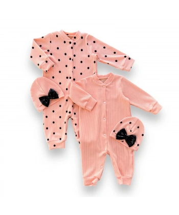 0-3 3-6 6-9 Ay Payetli Şapka Çıtçıt Kapamalı Puantiyeli Ve Düz 2 Li Kombin Kız Bebek Tulumları Somon