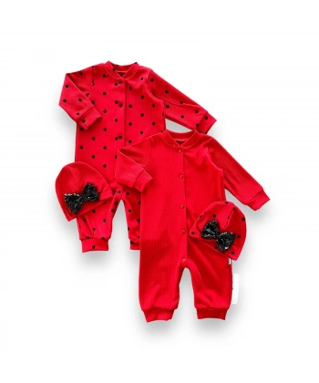 0-3 3-6 6-9 Ay Payetli Şapka Çıtçıt Kapamalı Puantiyeli Ve Düz 2 Li Kombin Kız Bebek Tulumları Kırmızı