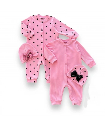 0-3 3-6 6-9 Ay Payetli Şapka Çıtçıt Kapamalı Puantiyeli Ve Düz 2 Li Kombin Kız Bebek Tulumları Pembe