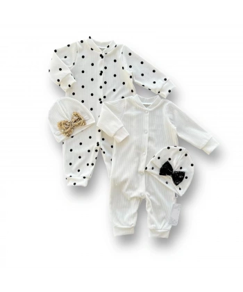 0-3 3-6 6-9 Ay Payetli Şapka Çıtçıt Kapamalı Puantiyeli Ve Düz 2 Li Kombin Kız Bebek Tulumları Beyaz