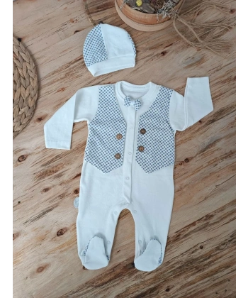 0-3 3-6 6-9 Ay Şapkalı Yelek Detaylı Boydan Çıtçıt Erkek Bebek Tulumu Ekru