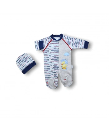 0-3 3-6 6-9 Ay Şemsiyeli Ördek Nakışlı Şapkalı Erkek Bebek Tulumu Lacivert