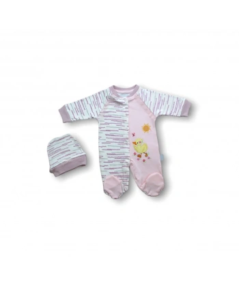 0-3 3-6 6-9 Ay Süslü Ördek Nakışlı Şapkalı Kız Bebek Tulumu Pembe